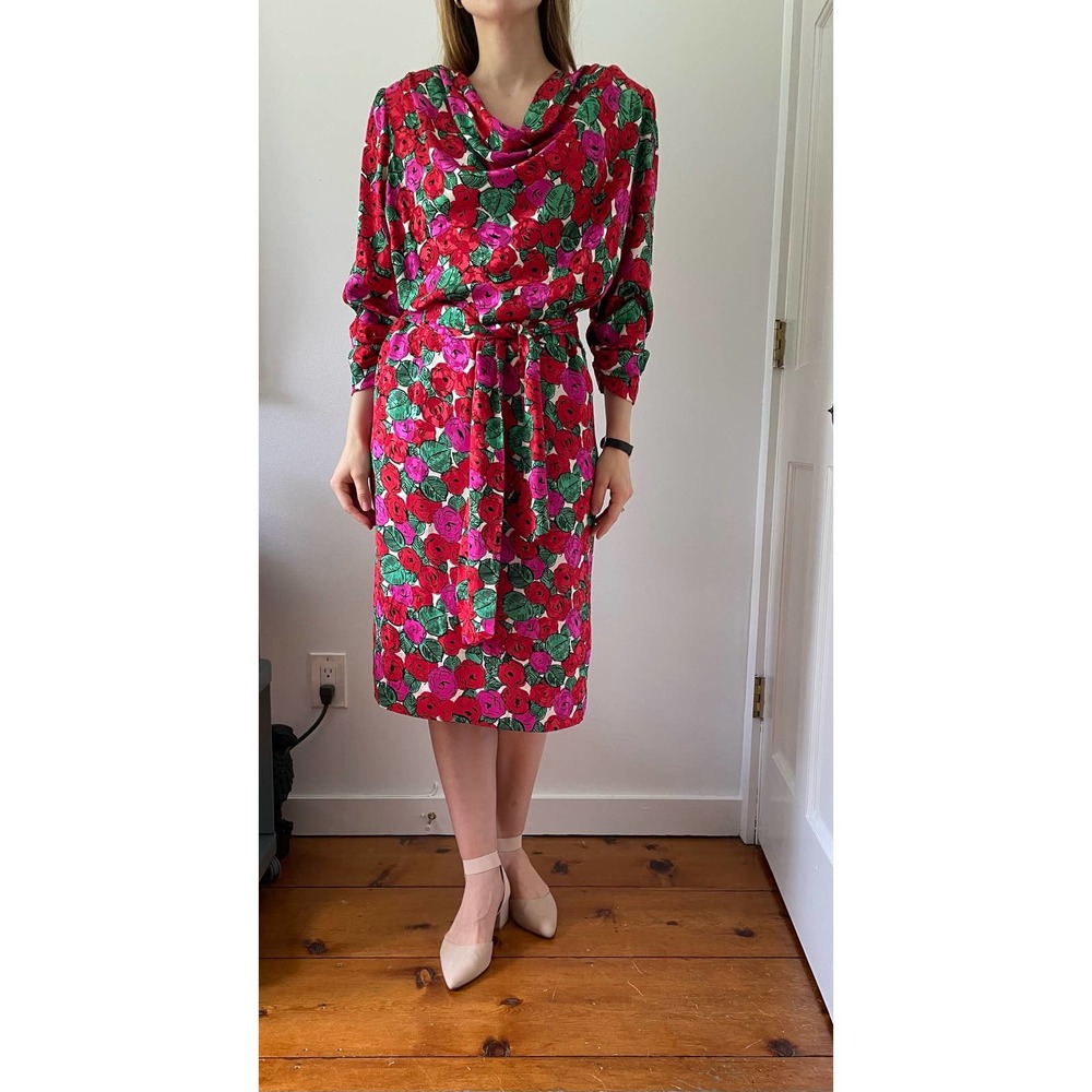 Vintage 1980s GIVENCHY Red and White Floral Print Silk Long-Sleeve Dress